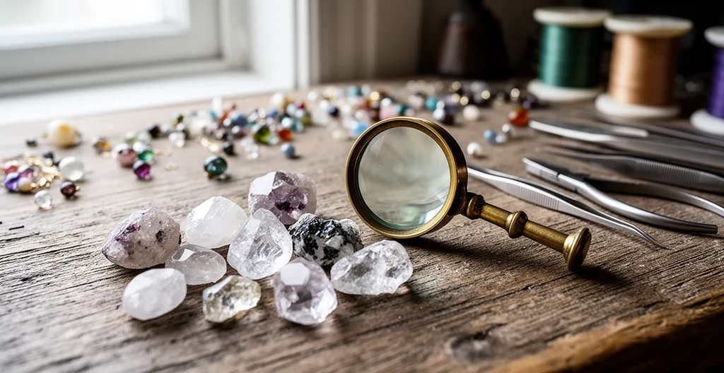 Loupe de bijoutier posée à côté de pierres naturelles sur table d'atelier en bois