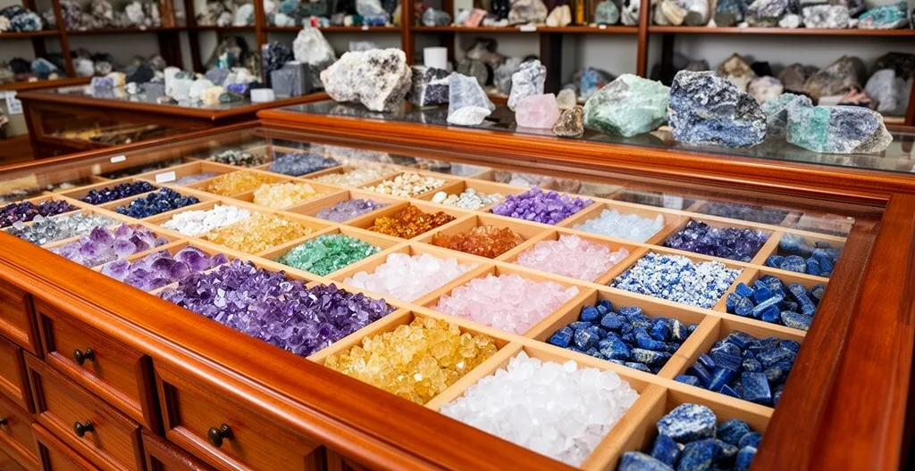 Présentoir professionnel avec tiroirs compartimentés contenant des pierres triées par variété